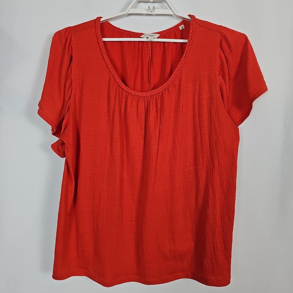 Max Studio London 2X Top Women Plus Red Textured Knit Braided Scoop Neck Flounce